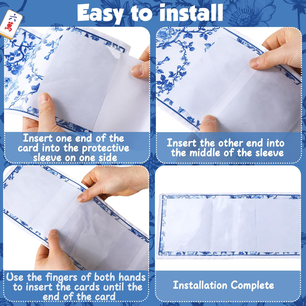 4 Pack Chinoiserie Mahjong Card Holder – Blue & White Fabric PVC Sleeves for American Cards