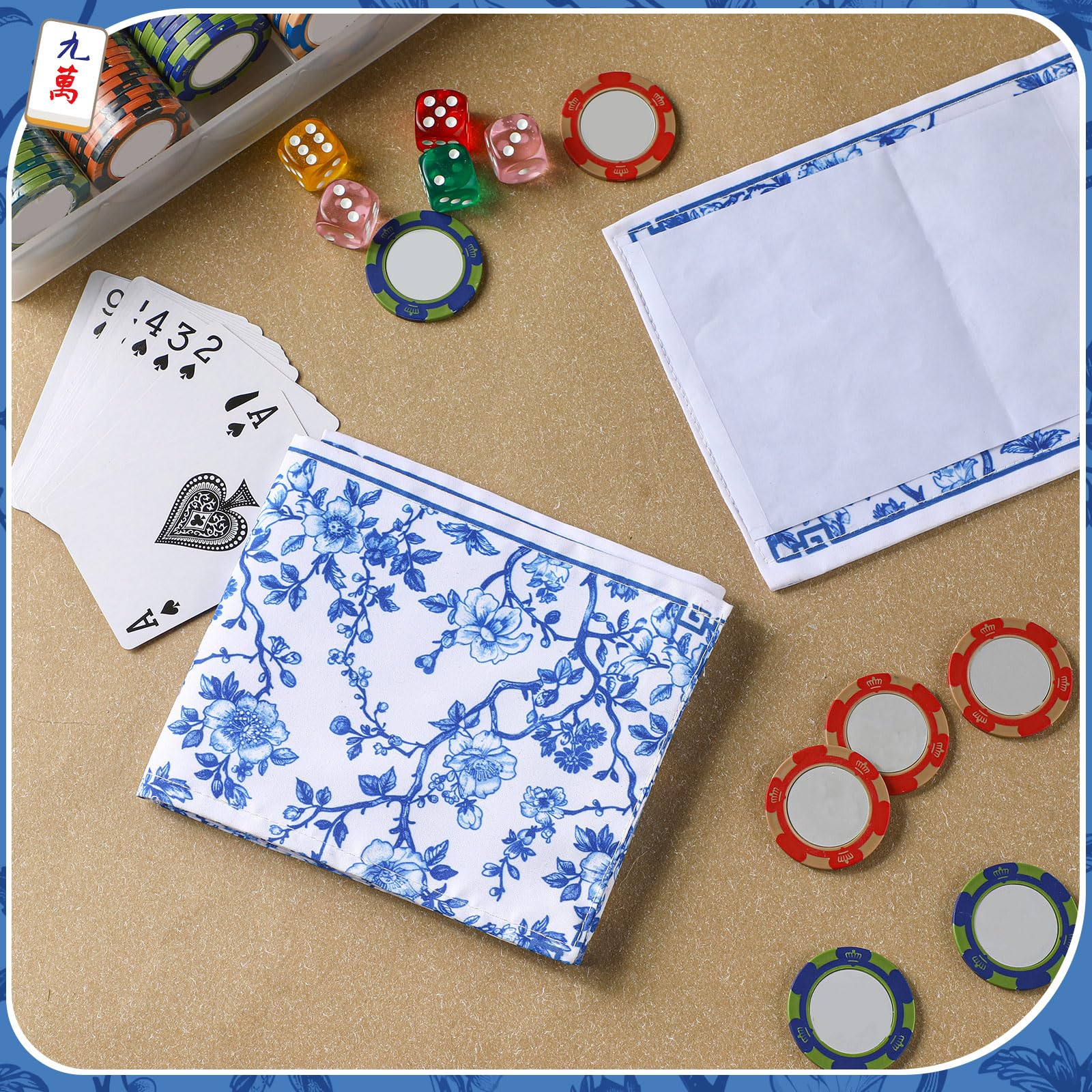 4 Pack Chinoiserie Mahjong Card Holder – Blue & White Fabric PVC Sleeves for American Cards