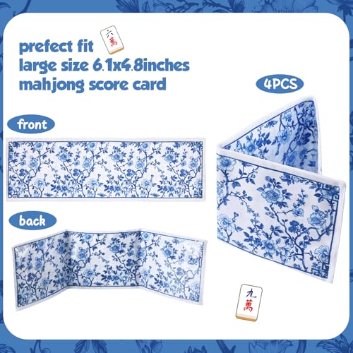 4 Pack Chinoiserie Mahjong Card Holder – Blue & White Fabric PVC Sleeves for American Cards