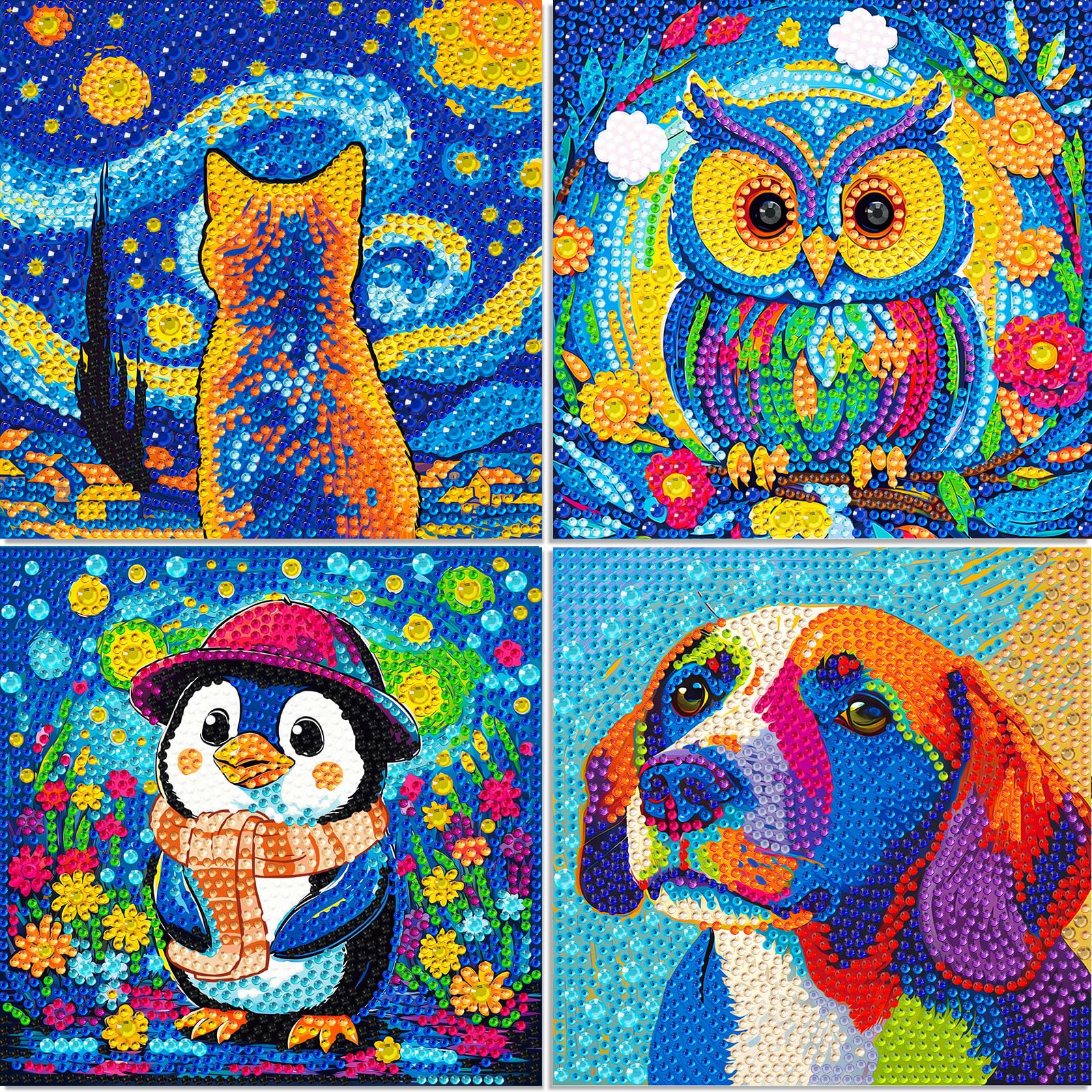 4-Pack Diamond Art Kits for Kids – Dog, Cat, Penguin, Owl – Beginner Crafts for Ages 8-12