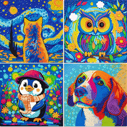 4-Pack Diamond Art Kits for Kids – Dog, Cat, Penguin, Owl – Beginner Crafts for Ages 8-12