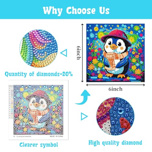 4-Pack Diamond Art Kits for Kids – Dog, Cat, Penguin, Owl – Beginner Crafts for Ages 8-12