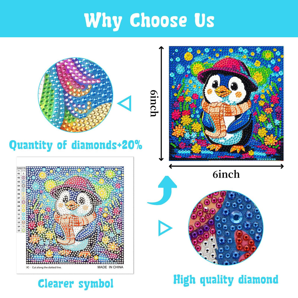 4-Pack Diamond Art Kits for Kids – Dog, Cat, Penguin, Owl – Beginner Crafts for Ages 8-12