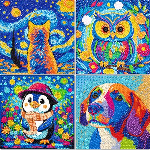 4-Pack Diamond Art Kits for Kids – Dog, Cat, Penguin, Owl – Beginner Crafts for Ages 8-12