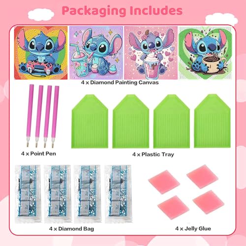 4-Pack Diamond Art Painting Kits for Kids – Cartoon Gem Art, Beginner Craft Kit, 6x6 Inch Each, by KOJEFCV