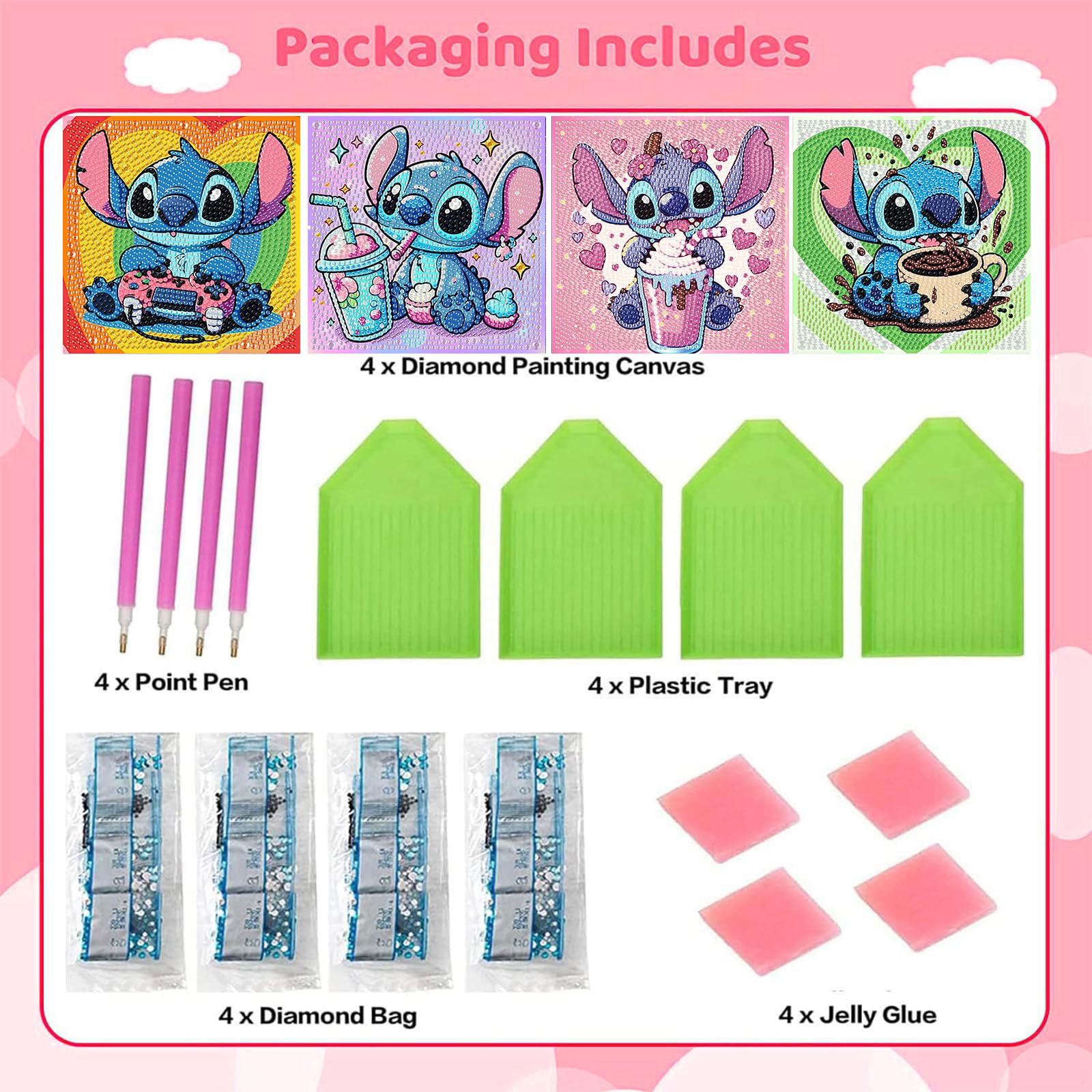 4-Pack Diamond Art Painting Kits for Kids – Cartoon Gem Art, Beginner Craft Kit, 6x6 Inch Each, by KOJEFCV
