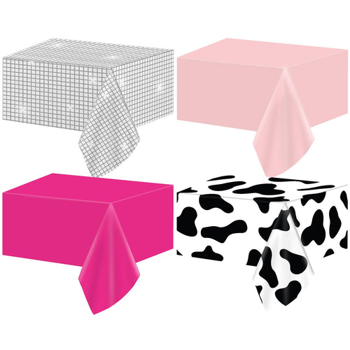 4 Pack Disco Cowgirl Plastic Tablecloths – Hot Pink Cow Print & Disco Ball Party Decor