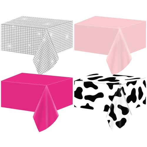 4 Pack Disco Cowgirl Plastic Tablecloths – Hot Pink Cow Print & Disco Ball Party Decor