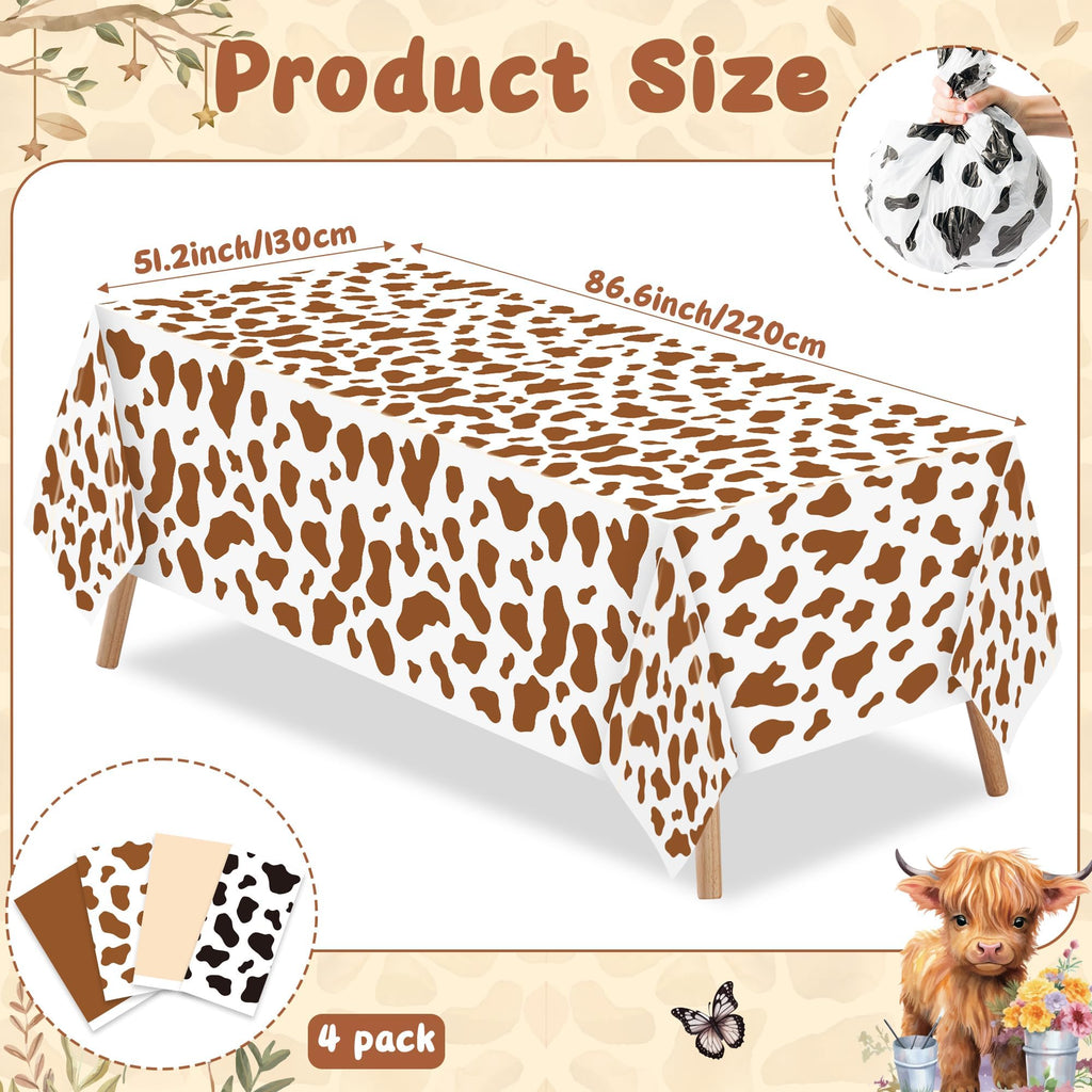 4 Pack Highland Cow Tablecloths - 87x51 Inch Disposable Plastic Party Table Covers