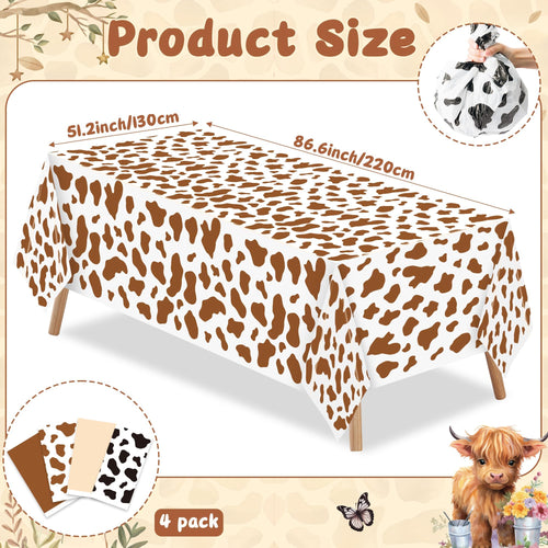 4 Pack Highland Cow Tablecloths - 87x51 Inch Disposable Plastic Party Table Covers