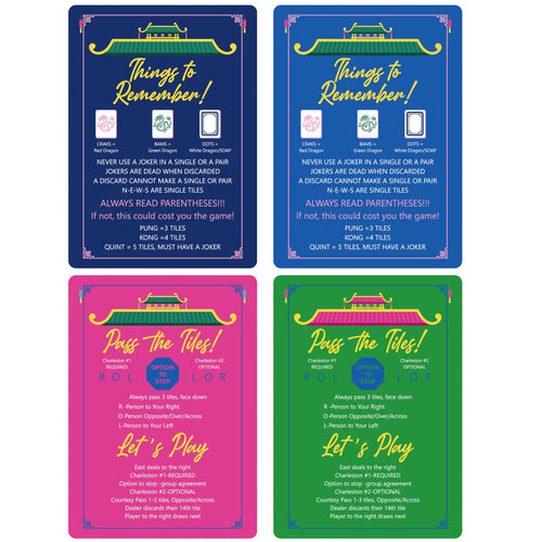 4-Pack Mahjong Shuffler Cards – PVC Tile Mixers with Waterproof Rules, 7x5 in (Purple, Green, Pink, Blue)