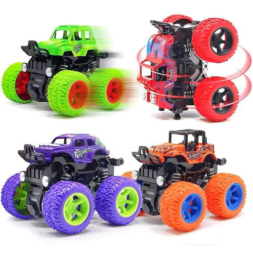 4 Pack Monster Trucks Push and Go Friction Powered Cars for Boys 3-7 - 360 Degree Stunt Toy Set