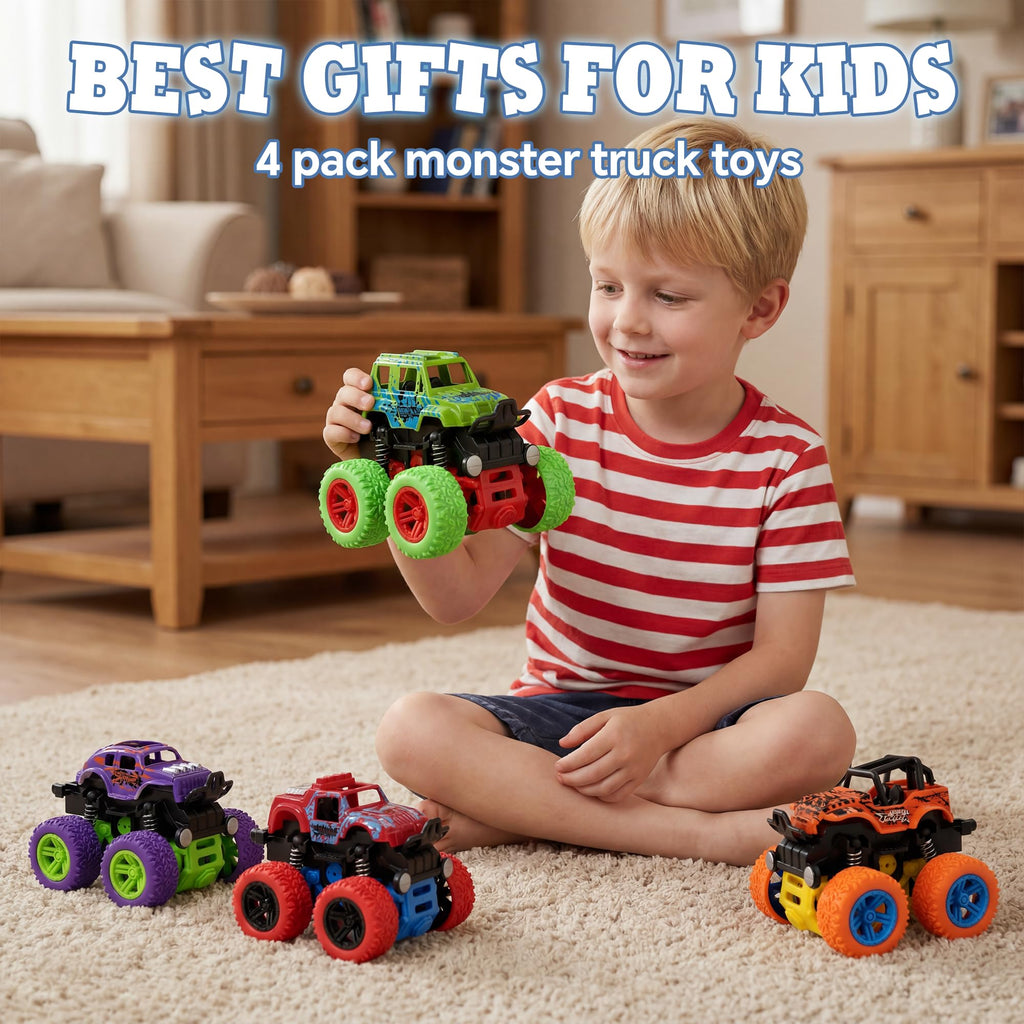 4 Pack Monster Trucks Push and Go Friction Powered Cars for Boys 3-7 - 360 Degree Stunt Toy Set