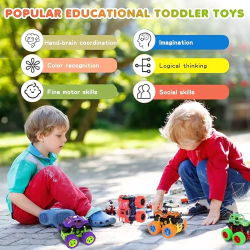4 Pack Monster Trucks Push and Go Friction Powered Cars for Boys 3-7 - 360 Degree Stunt Toy Set