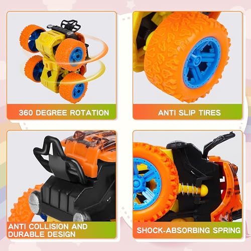 4 Pack Monster Trucks Push and Go Friction Powered Cars for Boys 3-7 - 360 Degree Stunt Toy Set