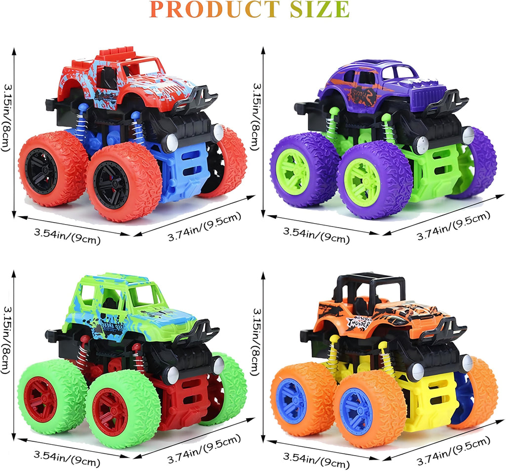 4 Pack Monster Trucks Push and Go Friction Powered Cars for Boys 3-7 - 360 Degree Stunt Toy Set