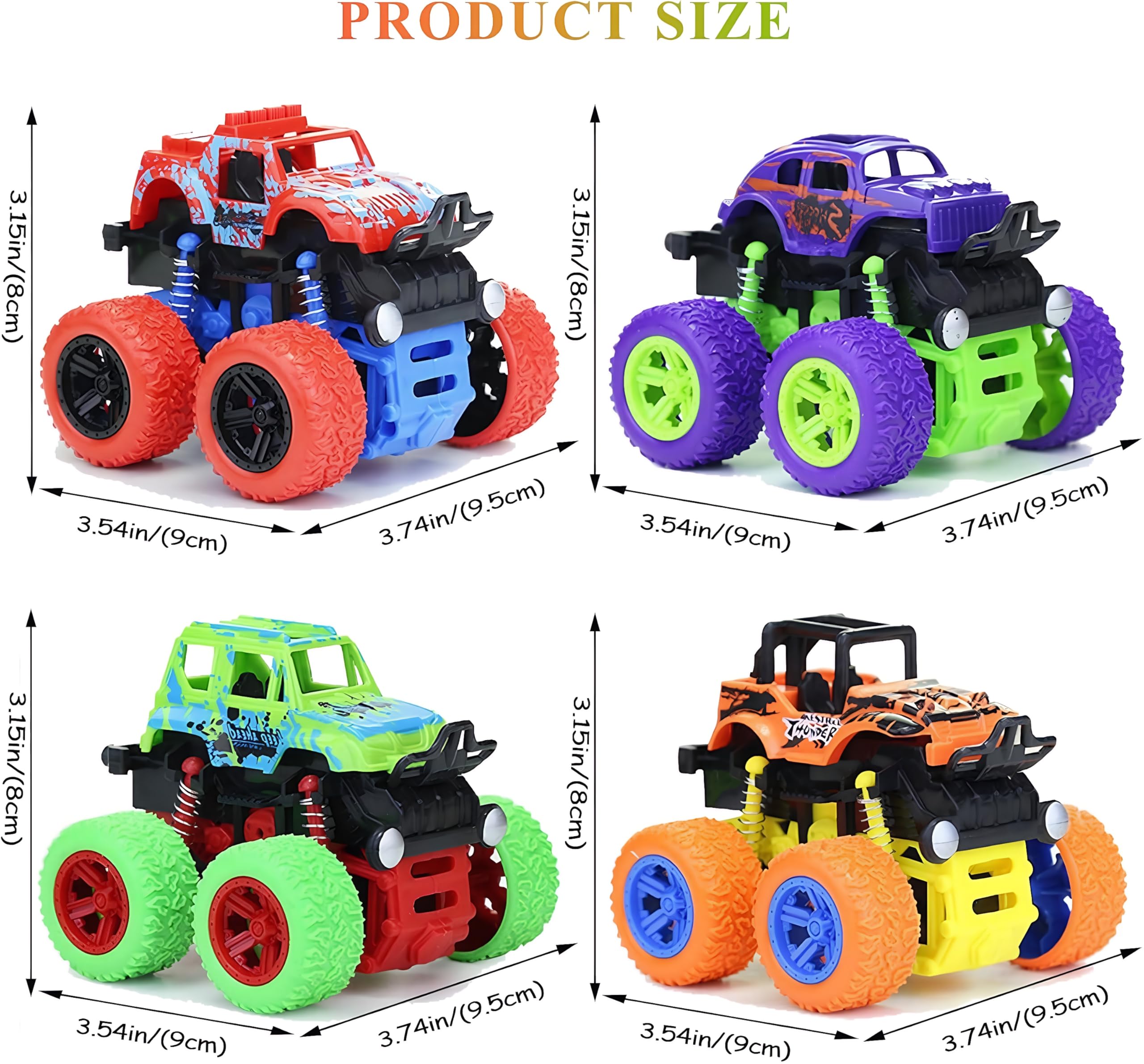 4 Pack Monster Trucks Push and Go Friction Powered Cars for Boys 3-7 - 360 Degree Stunt Toy Set