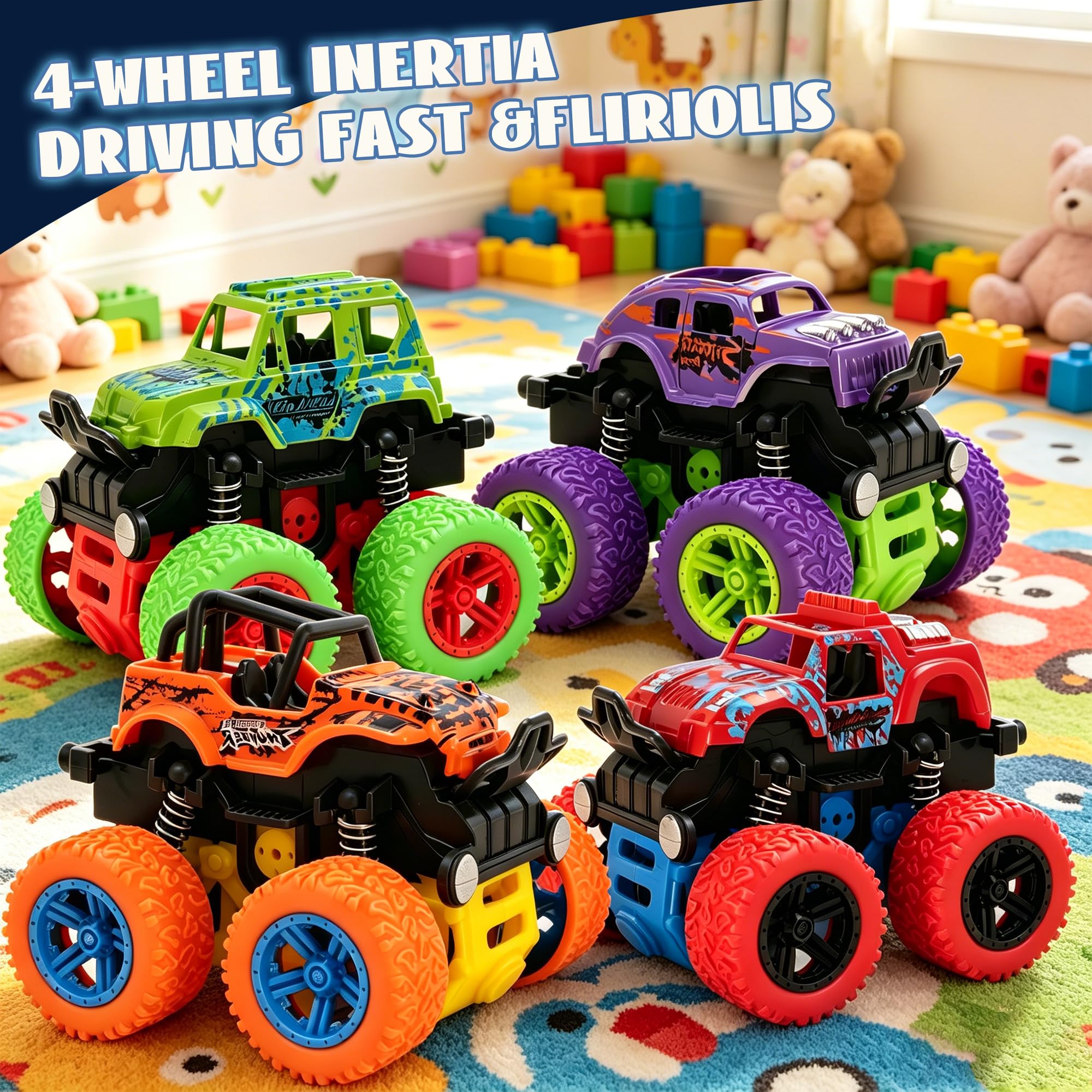 4 Pack Monster Trucks Push and Go Friction Powered Cars for Boys 3-7 - 360 Degree Stunt Toy Set
