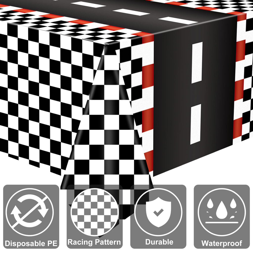 4 Pack Racing Car Disposable Plastic Tablecloths - 54x108 Inch Black Checkered Flag Table Covers for Car Theme Party