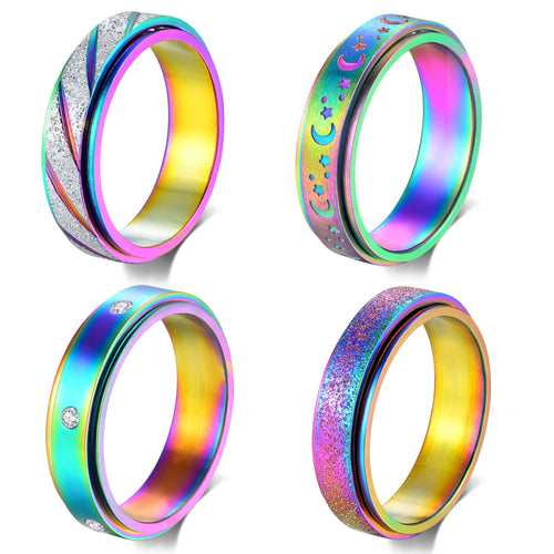 4-Pack Rainbow Titanium Steel Fidget Rings for Anxiety – Quiet Spinner Rings for Women, Size 5-11