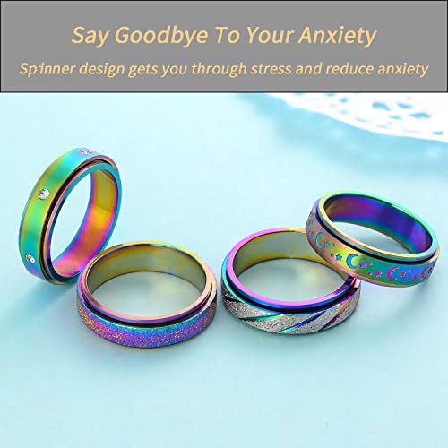 4-Pack Rainbow Titanium Steel Fidget Rings for Anxiety – Quiet Spinner Rings for Women, Size 5-11