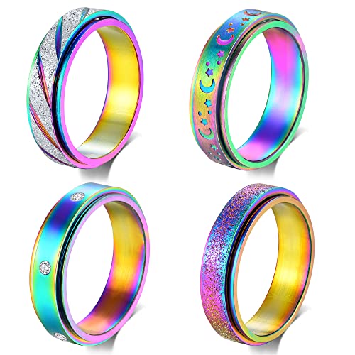 4-Pack Rainbow Titanium Steel Fidget Rings for Anxiety – Quiet Spinner Rings for Women, Size 5-11