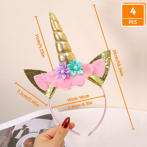 4 Pack Unicorn Headbands for Girls – Glitter Horns, Ears, and Flowers in Rainbow, Gold, Blue, Pink