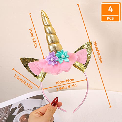 4 Pack Unicorn Headbands for Girls – Glitter Horns, Ears, and Flowers in Rainbow, Gold, Blue, Pink