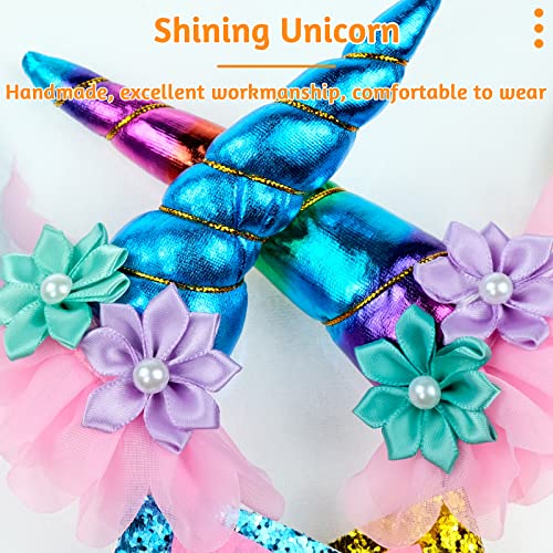 4 Pack Unicorn Headbands for Girls – Glitter Horns, Ears, and Flowers in Rainbow, Gold, Blue, Pink