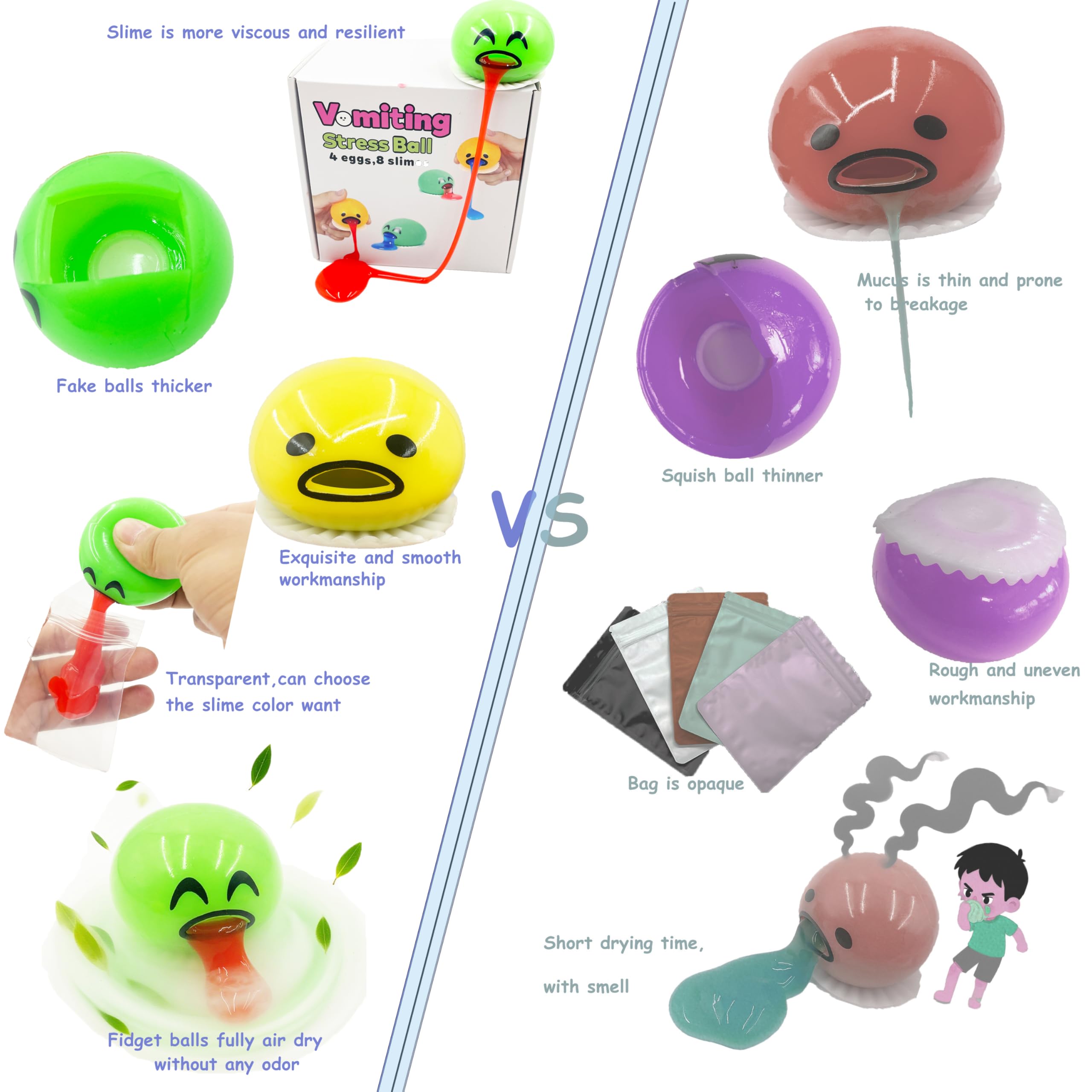 4-Pack Vomiting Egg Stress Balls with 8-Pack Slime - Funny Prank Sensory Toy for Kids & Adults