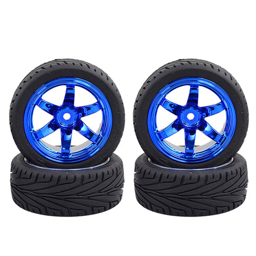 4-Piece 1/10 RC Tires & Plastic Rims for On-Road Touring Drift Cars - Blue