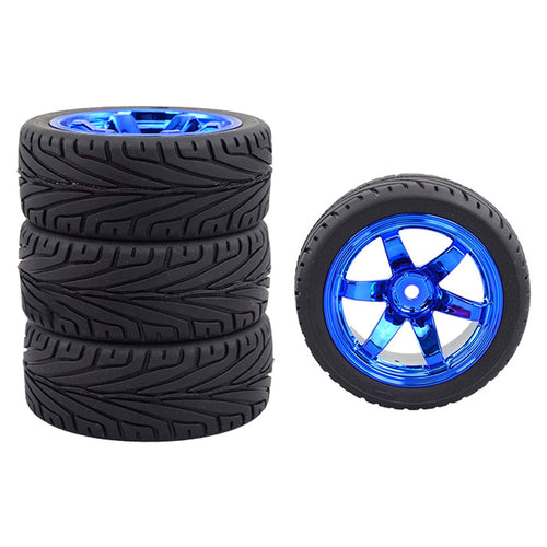 4-Piece 1/10 RC Tires & Plastic Rims for On-Road Touring Drift Cars - Blue
