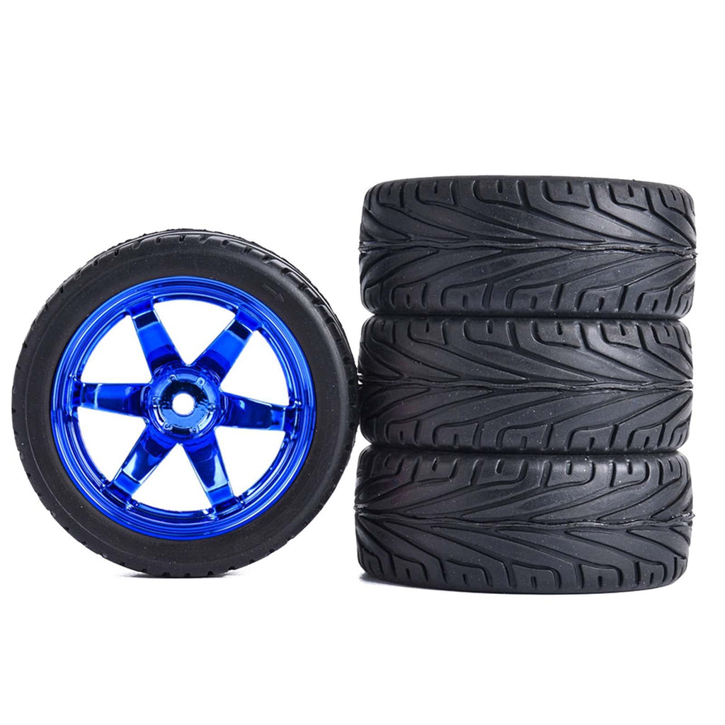 4-Piece 1/10 RC Tires & Plastic Rims for On-Road Touring Drift Cars - Blue