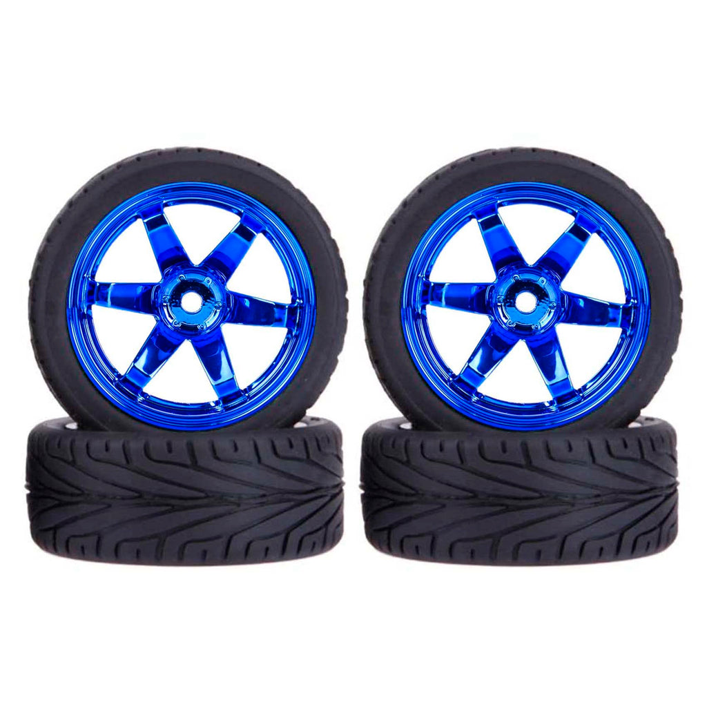 4-Piece 1/10 RC Tires & Plastic Rims for On-Road Touring Drift Cars - Blue