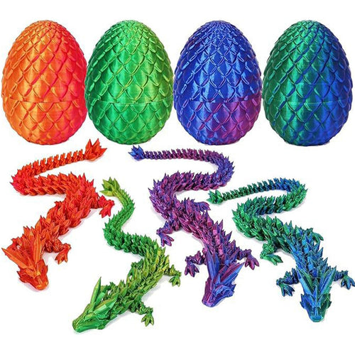 4-Piece 3D Printed Dragon and Egg Set – 8.7" Articulated Dragon with 4 Colorful Eggs in PLA Plastic for Stress Relief and Fantasy Decor