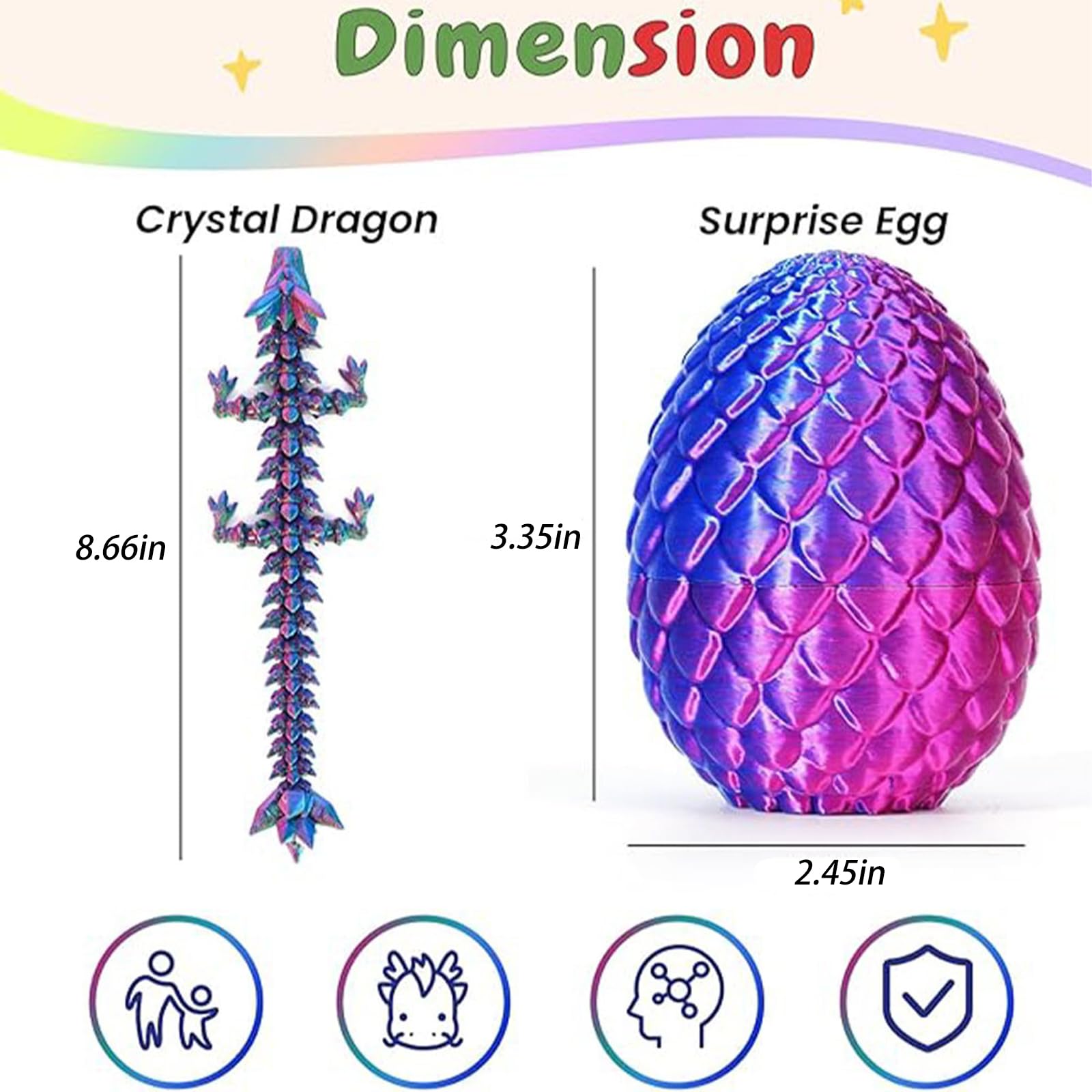 4-Piece 3D Printed Dragon and Egg Set – 8.7" Articulated Dragon with 4 Colorful Eggs in PLA Plastic for Stress Relief and Fantasy Decor