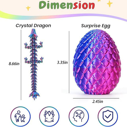 4-Piece 3D Printed Dragon and Egg Set – 8.7" Articulated Dragon with 4 Colorful Eggs in PLA Plastic for Stress Relief and Fantasy Decor