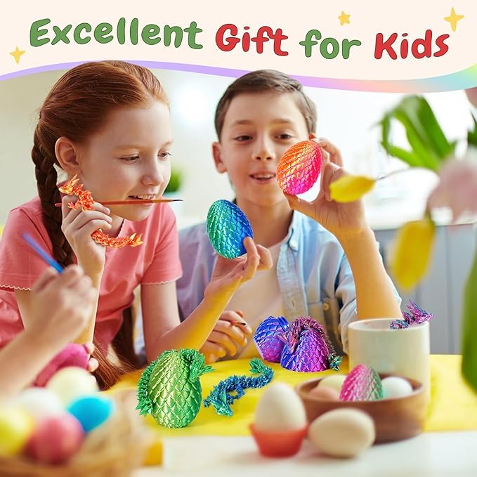 4-Piece 3D Printed Dragon and Egg Set – 8.7" Articulated Dragon with 4 Colorful Eggs in PLA Plastic for Stress Relief and Fantasy Decor