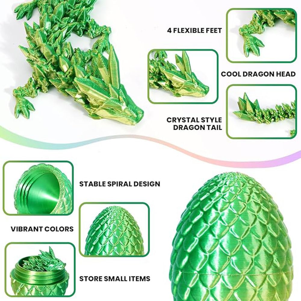 4-Piece 3D Printed Dragon and Egg Set – 8.7" Articulated Dragon with 4 Colorful Eggs in PLA Plastic for Stress Relief and Fantasy Decor