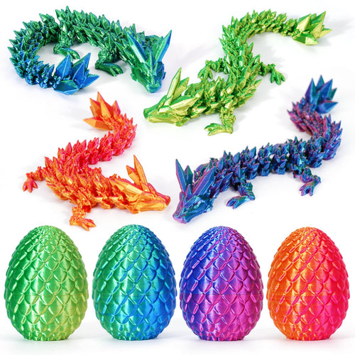4-Piece 3D Printed Dragon Egg Set with Poseable Crystal Dragons for Easter and Party Favors