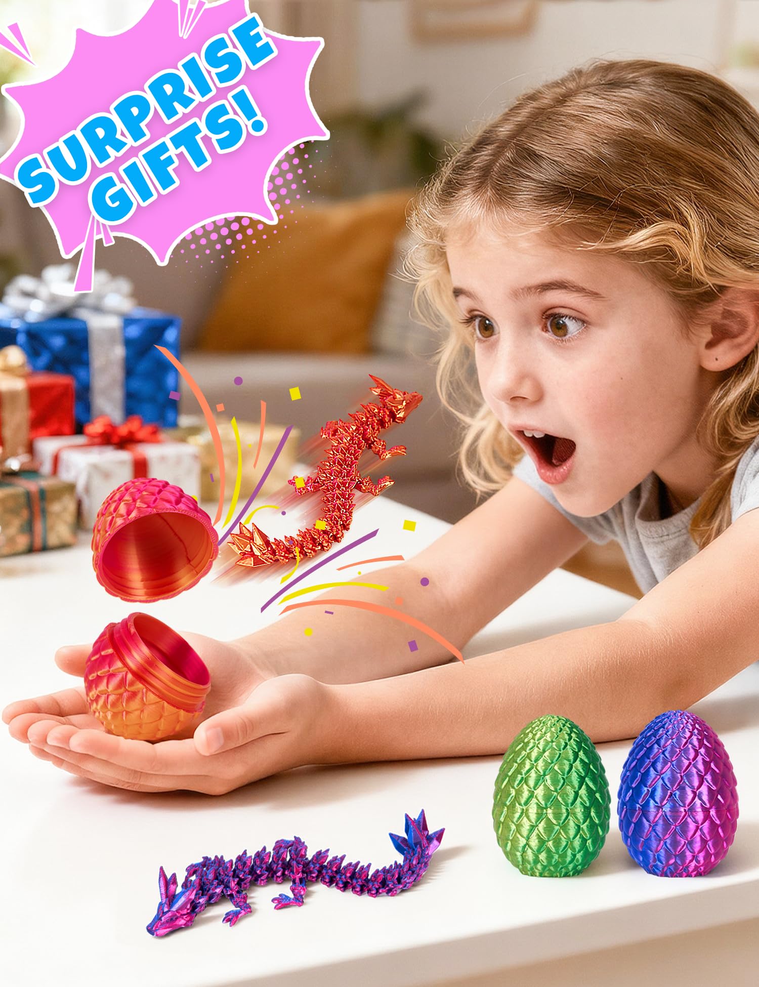 4-Piece 3D Printed Dragon Egg Set with Poseable Crystal Dragons for Easter and Party Favors