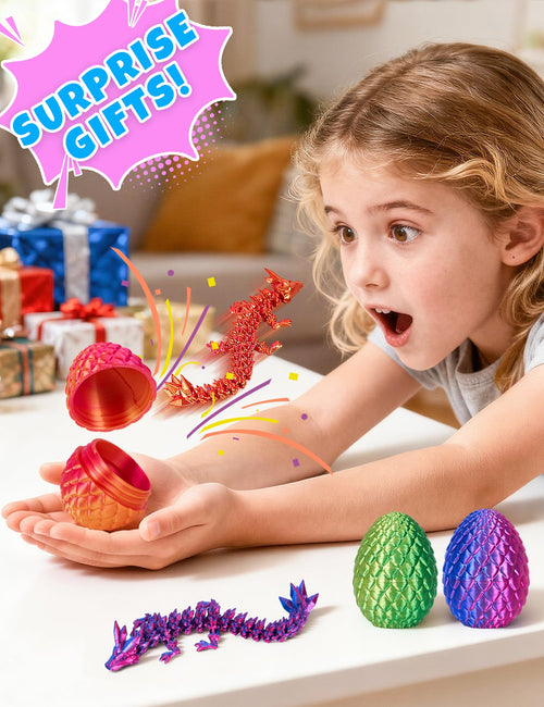 4-Piece 3D Printed Dragon Egg Set with Poseable Crystal Dragons for Easter and Party Favors