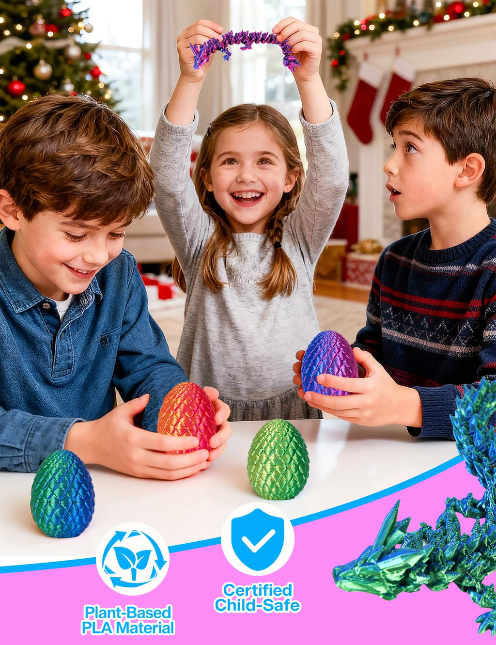 4-Piece 3D Printed Dragon Egg Set with Poseable Crystal Dragons for Easter and Party Favors