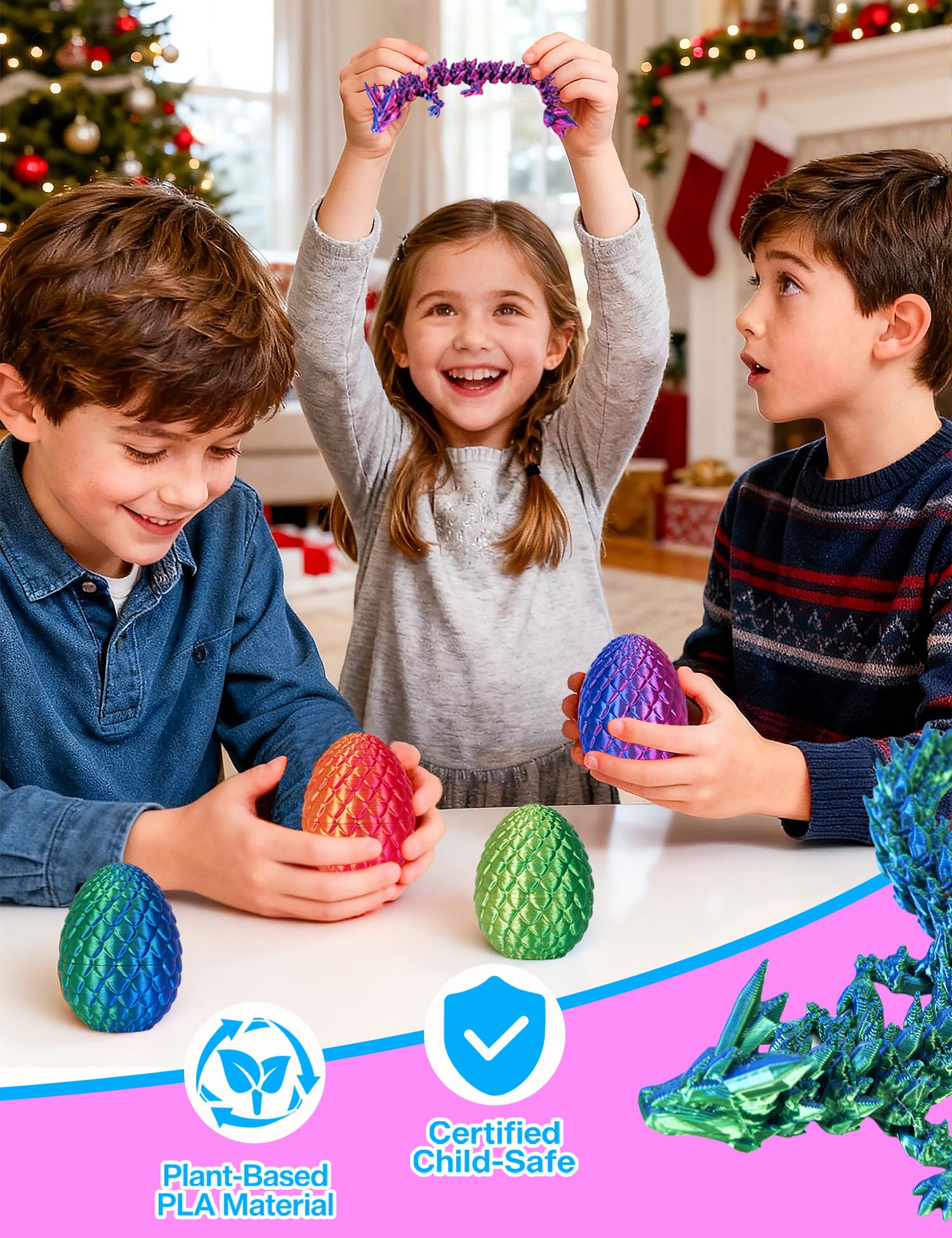4-Piece 3D Printed Dragon Egg Set with Poseable Crystal Dragons for Easter and Party Favors