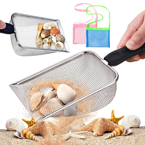4-Piece Beach Mesh Shovel and Bag Set for Shell Collecting - Stainless Steel Sand Sifter with Adjustable Strap - TUSAUW