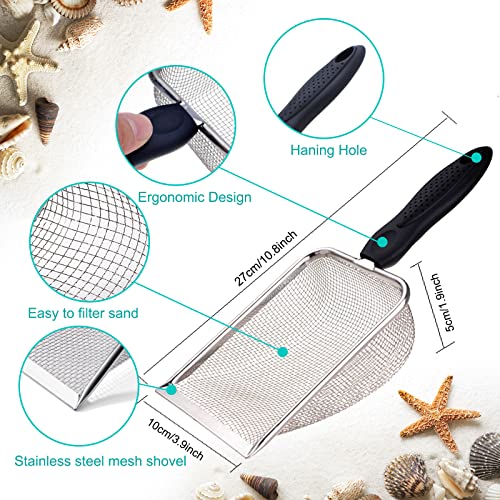 4-Piece Beach Mesh Shovel and Bag Set for Shell Collecting - Stainless Steel Sand Sifter with Adjustable Strap - TUSAUW