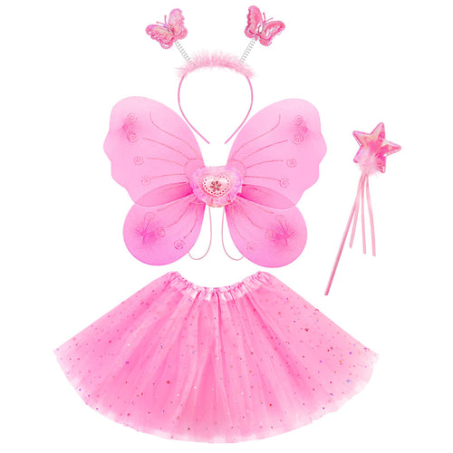 4-Piece Butterfly Fairy Costume Set for Girls 3-8 - Pink Tutu, Wings, Wand & Headband