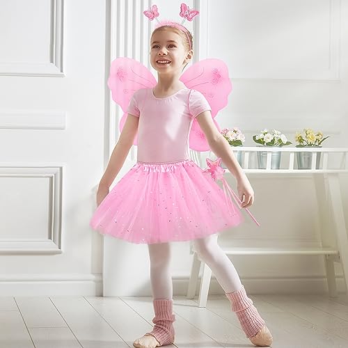 4-Piece Butterfly Fairy Costume Set for Girls 3-8 - Pink Tutu, Wings, Wand & Headband