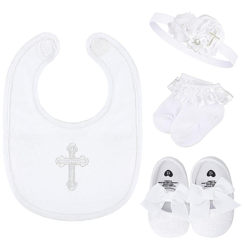 4-Piece Christening Baptism Outfit for Baby Girl – White Bib, Shoes, Socks, and Headband Set