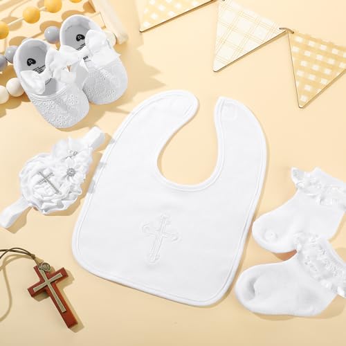 4-Piece Christening Baptism Outfit for Baby Girl – White Bib, Shoes, Socks, and Headband Set